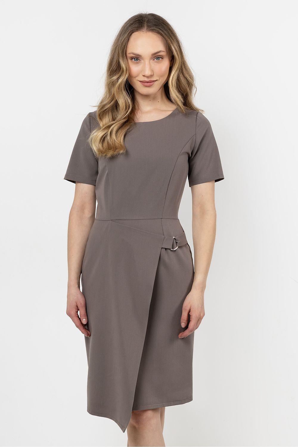 Fitted day dress with asymmetrical hem, short sleeves, and side waist tie, dark taupe.