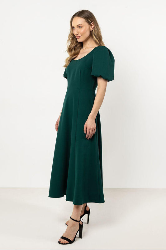 Green daydress with round neckline, short puff sleeves, and fitted waist with midi skirt.