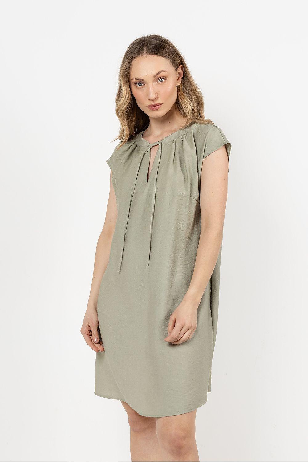 Lightweight rayon daydress in olive green, tie-neck front and short sleeves