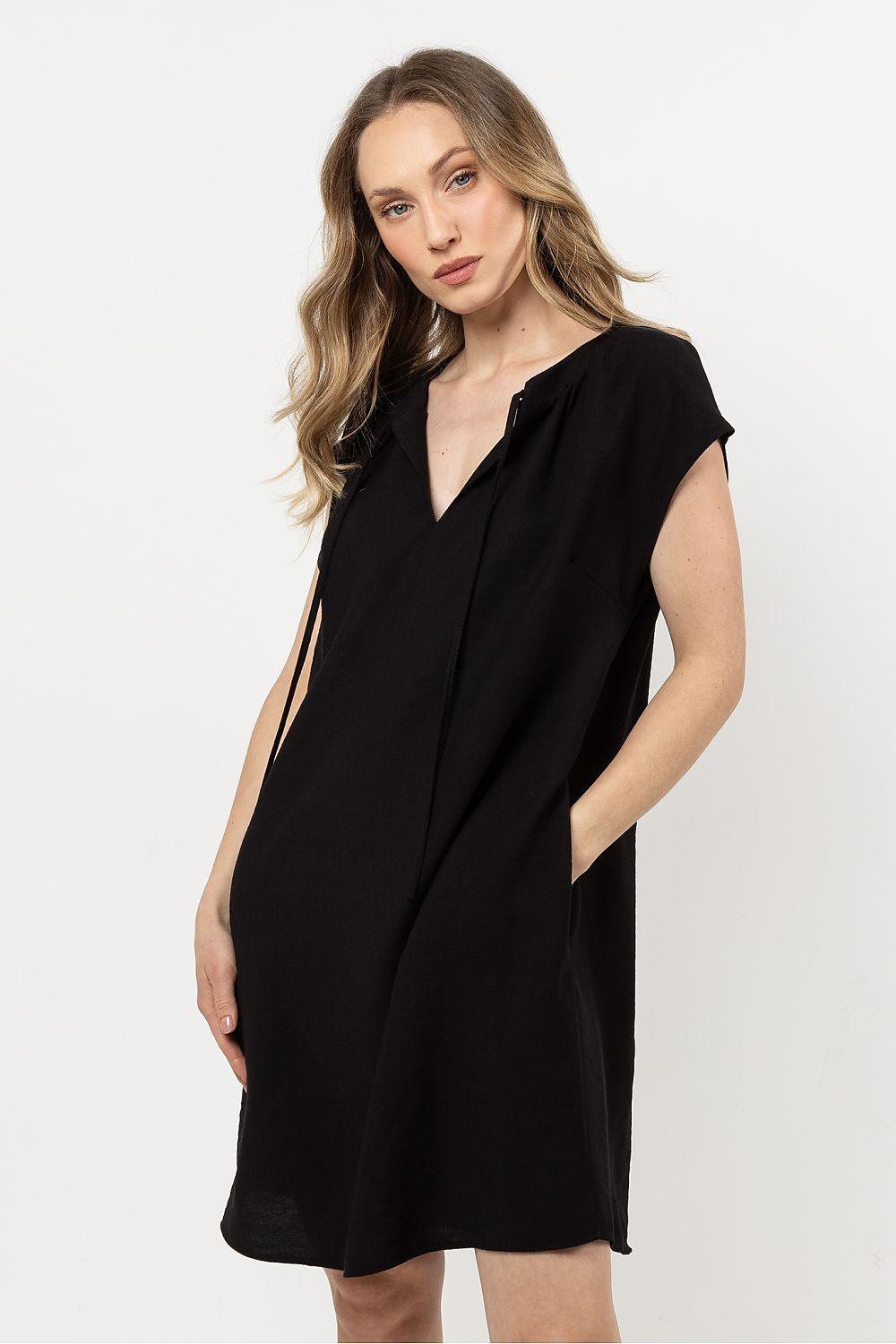 Black sleeveless V-neck daydress with loose fit, above-knee length