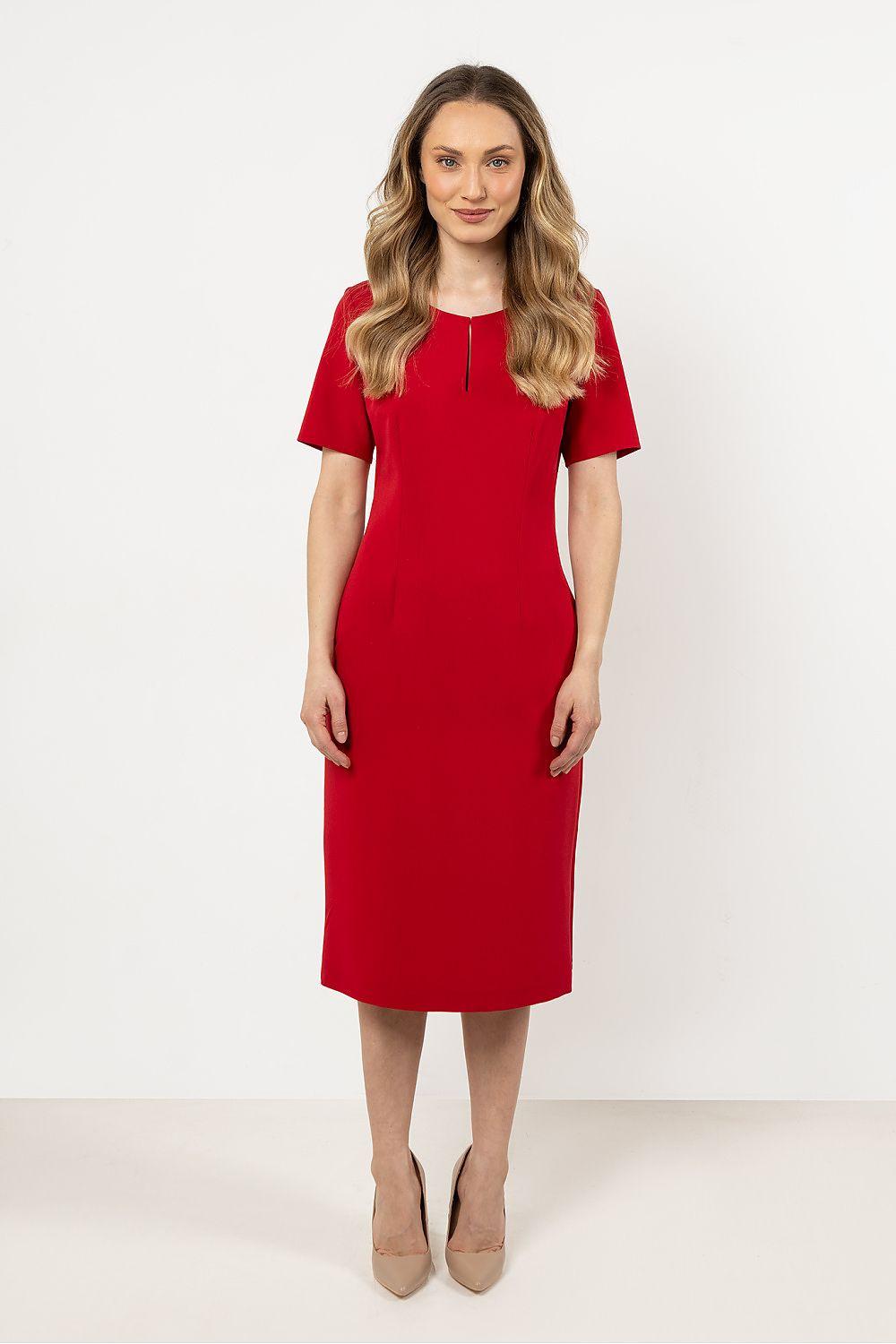 Red short-sleeve day dress with keyhole neckline and knee-length fitted silhouette