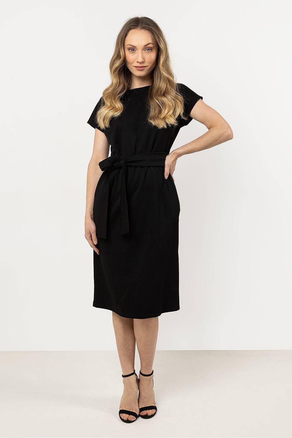 Black Awama daydress with short sleeves, round neck, and tied waist belt
