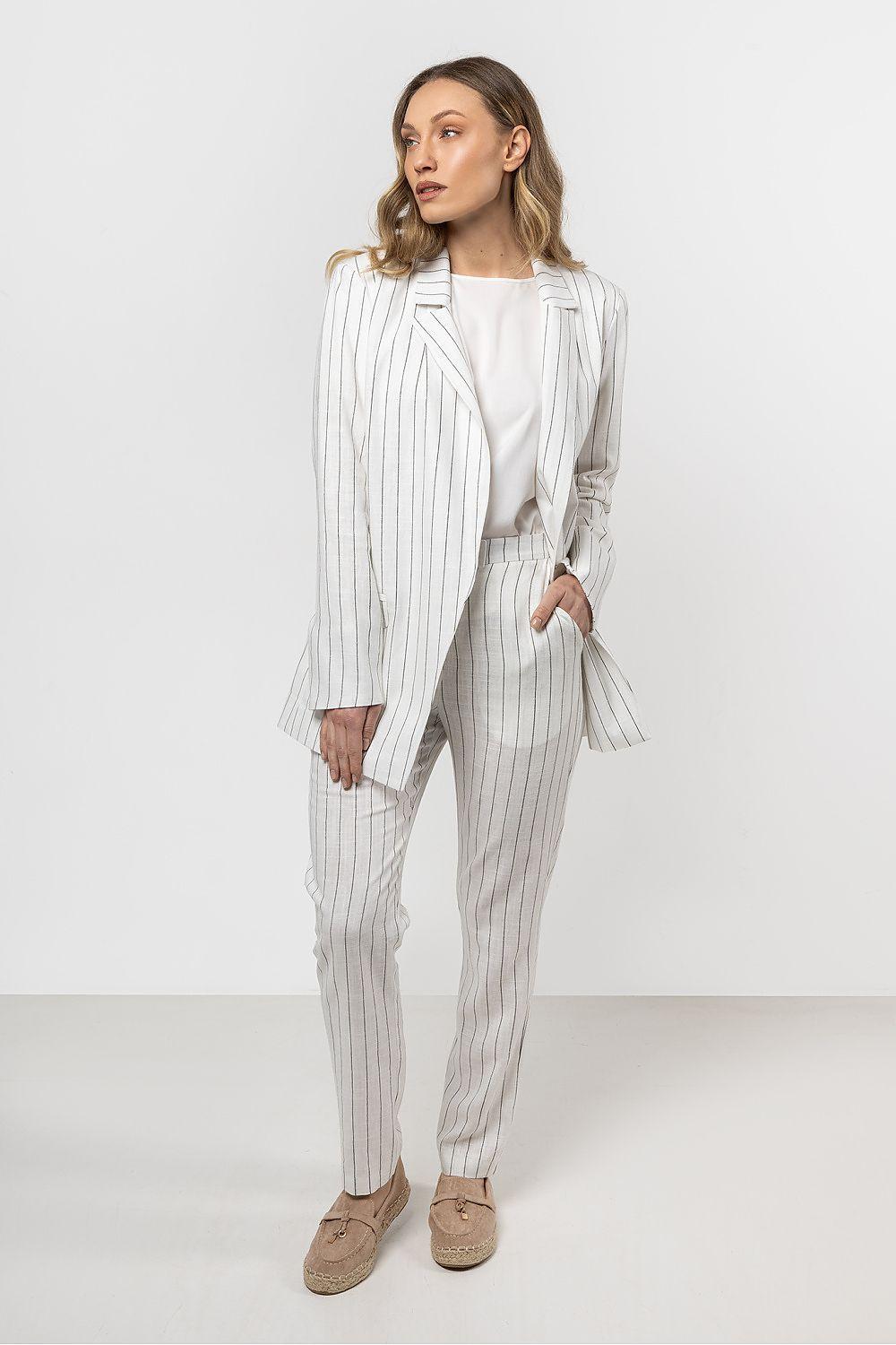 Women’s light beige pinstripe trousers with tapered legs and front side pockets