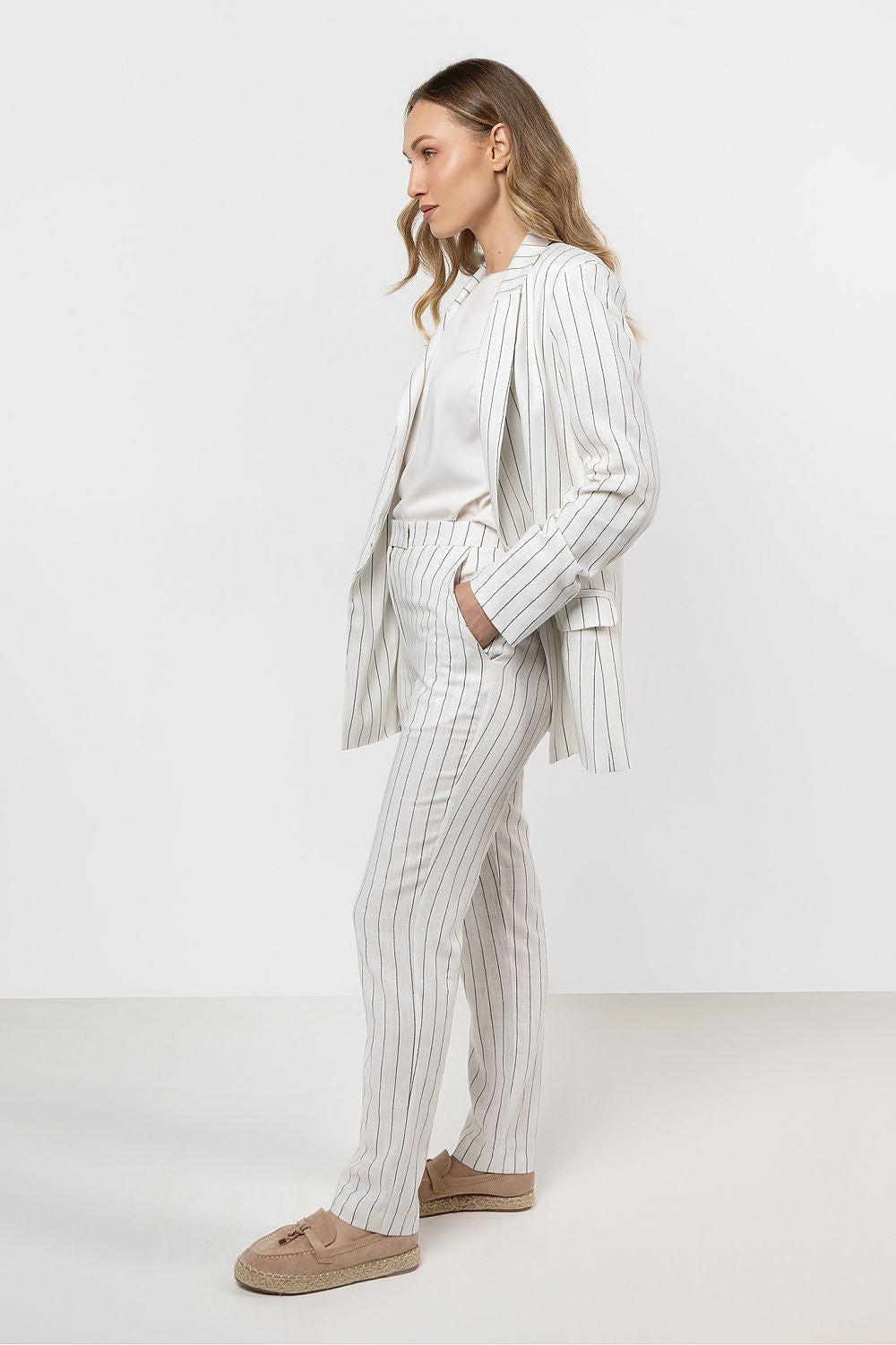 Women’s light beige pinstripe trousers, slim tapered fit with ankle-length hem