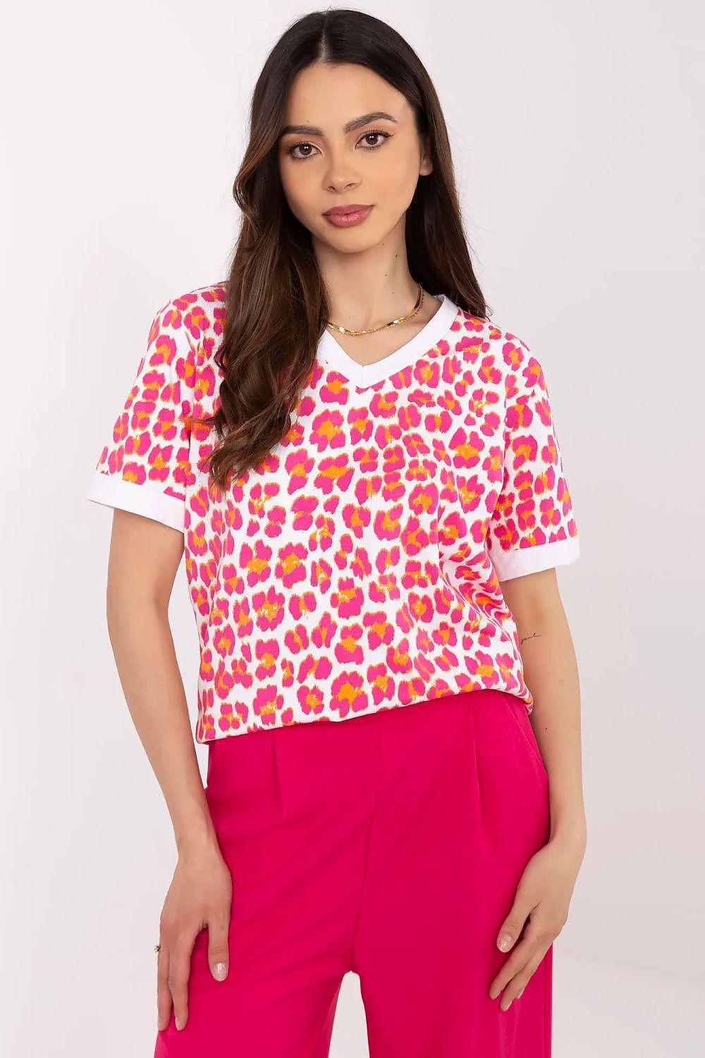 Pink animal-print blouse with V-neck and short sleeves