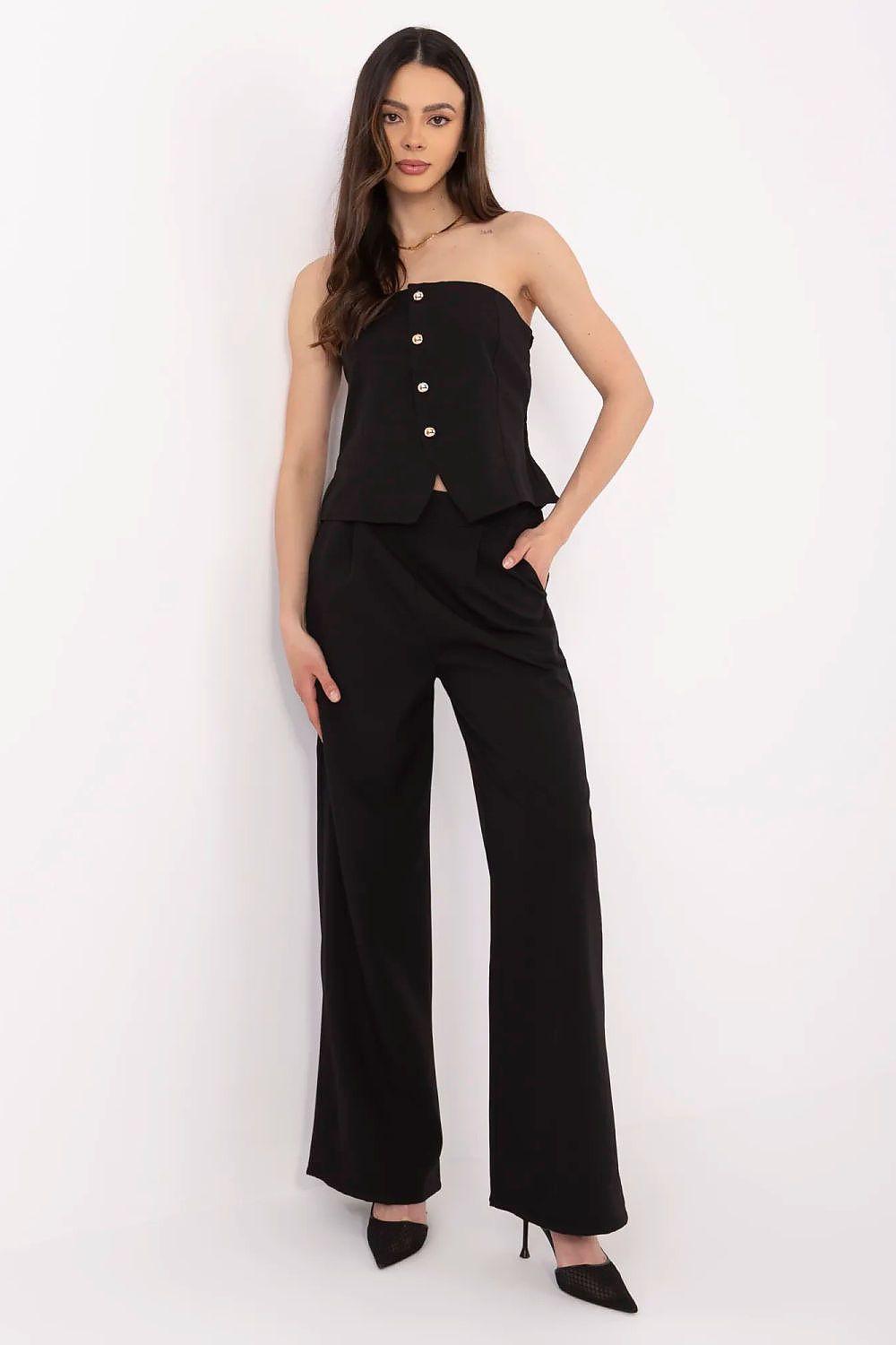 Black wide-leg pants and strapless button-front vest set, sleeveless for women