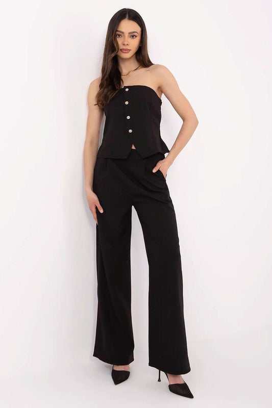 Black strapless peplum top and wide-leg trousers set with button front