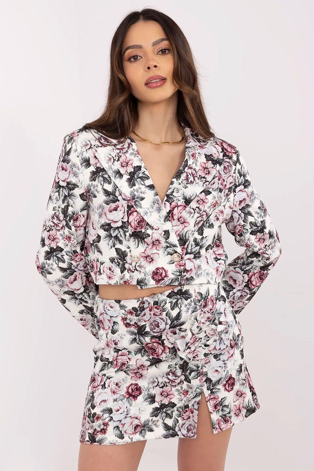 Grey floral cropped jacket and skort set with long sleeves and wrap V-neck