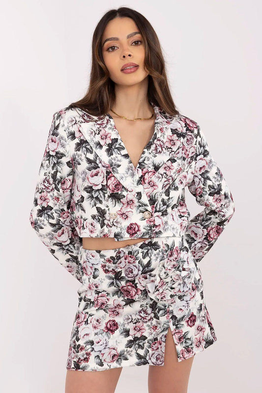 Grey floral wrap romper with long sleeves and V-neck