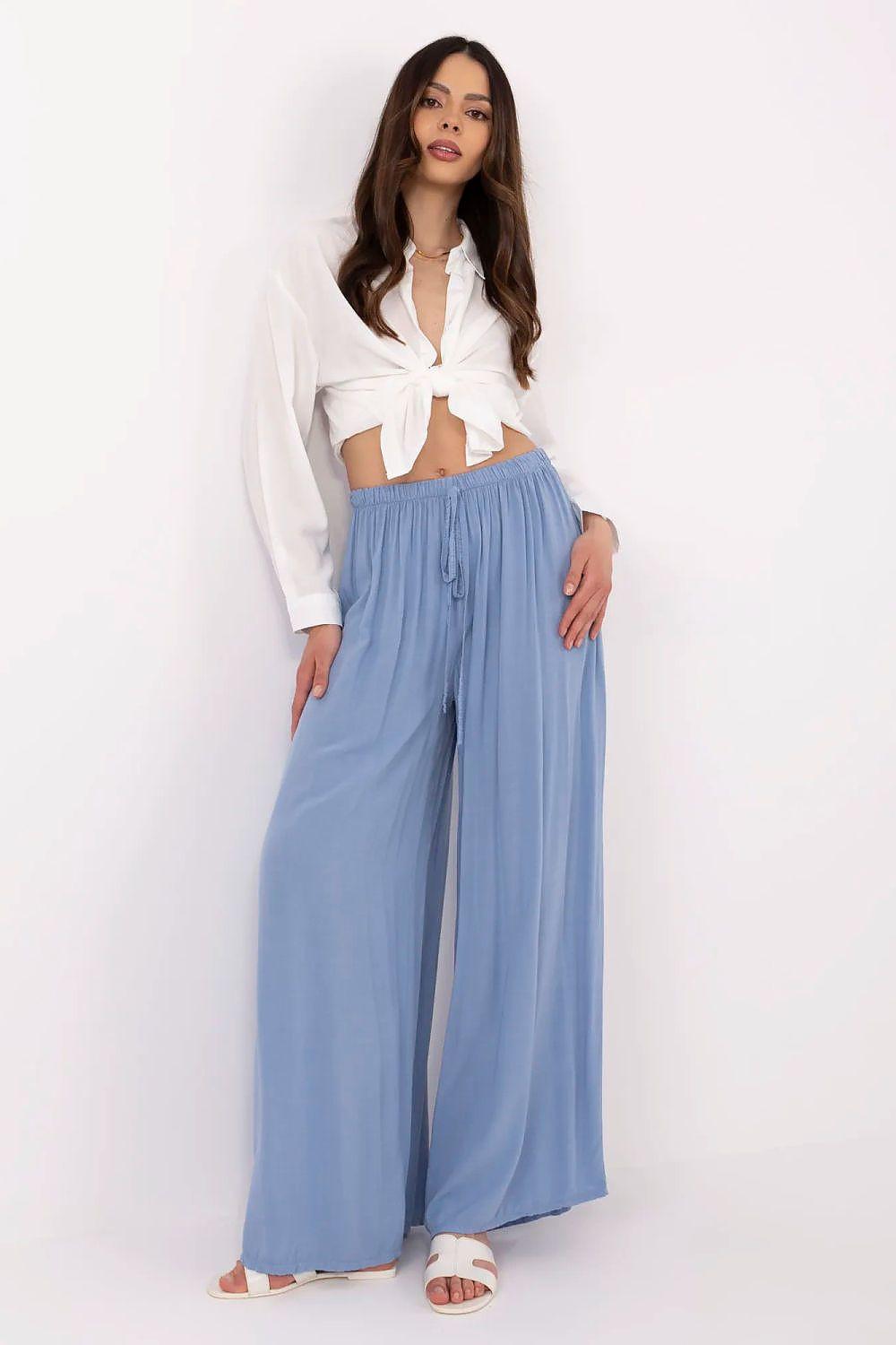 Women’s blue wide-leg trousers with elastic waist and gathered front