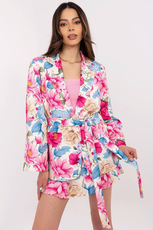 Floral blazer and shorts set with pink blue flowers, tie-waist jacket, belted shorts