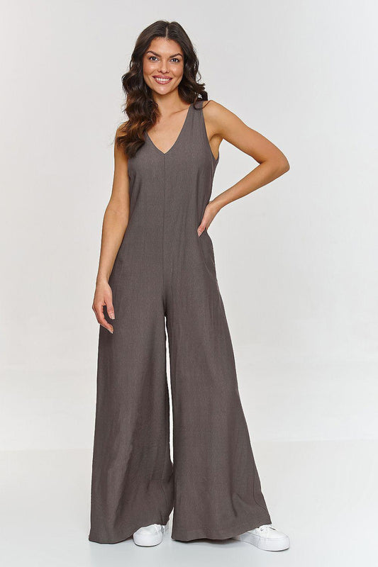 Charcoal sleeveless V-neck wide-leg jumpsuit with relaxed straight legs