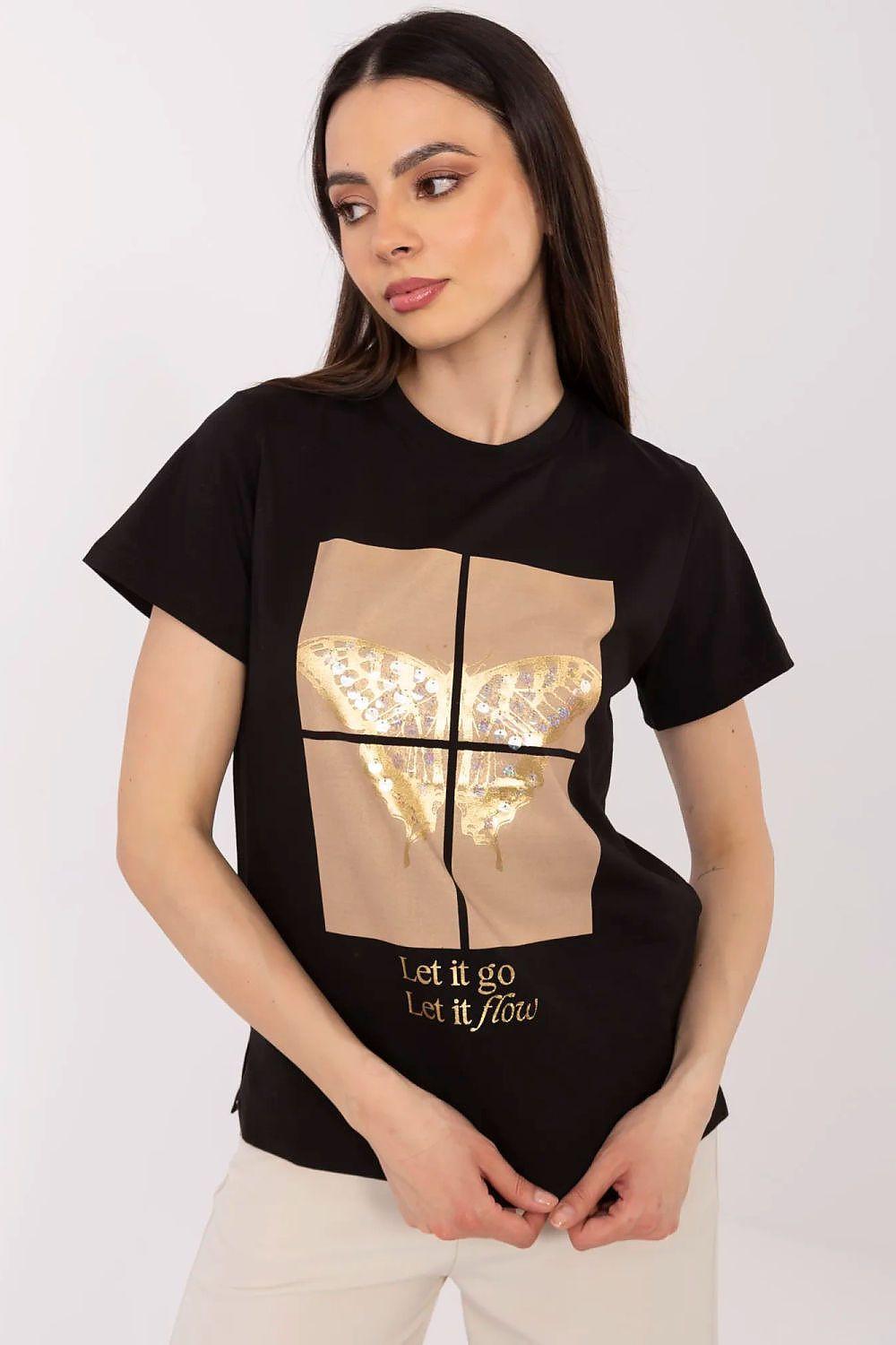 Black T-shirt with gold butterfly sequin graphic on front