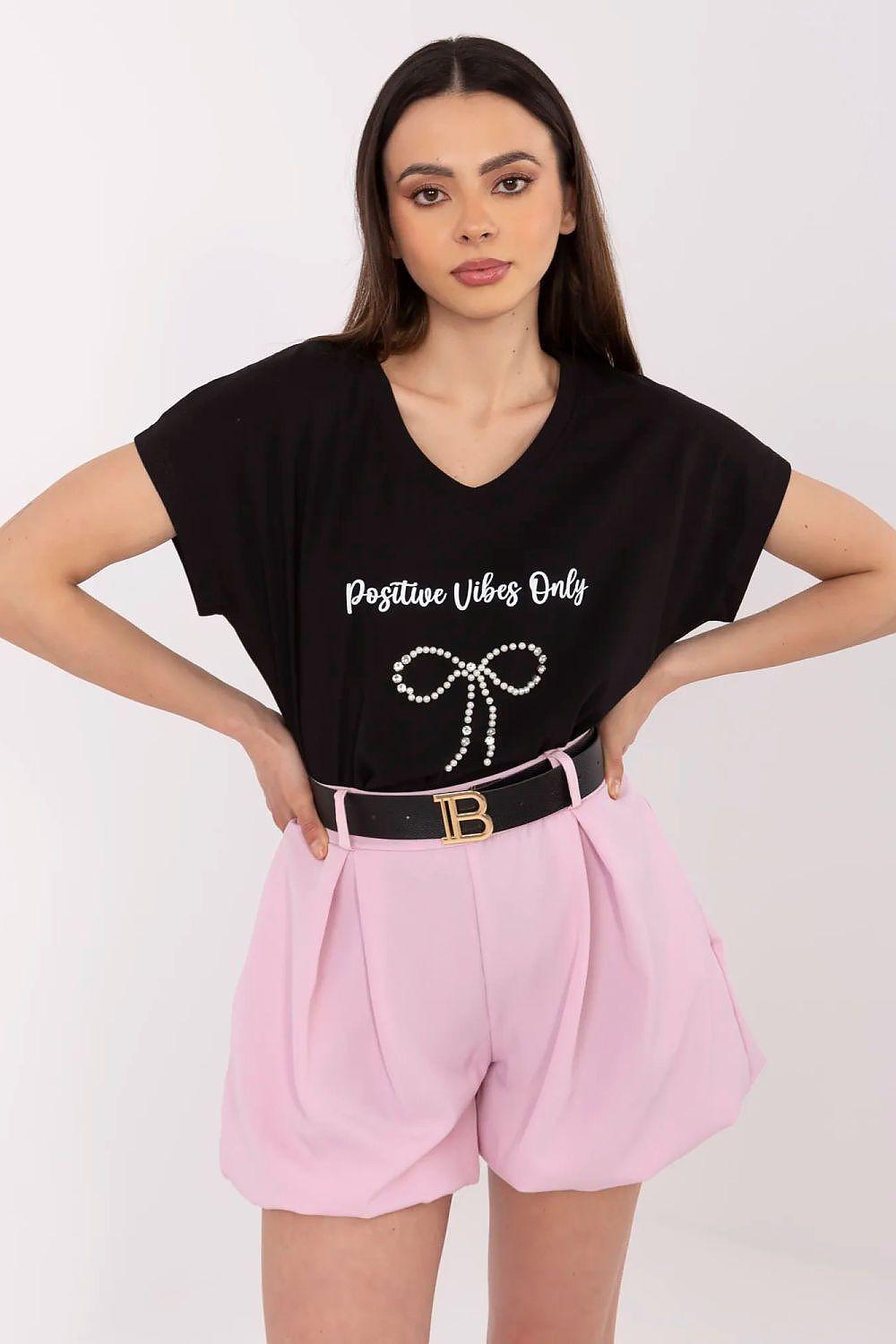 Women’s black V-neck T-shirt with rhinestone bow detail