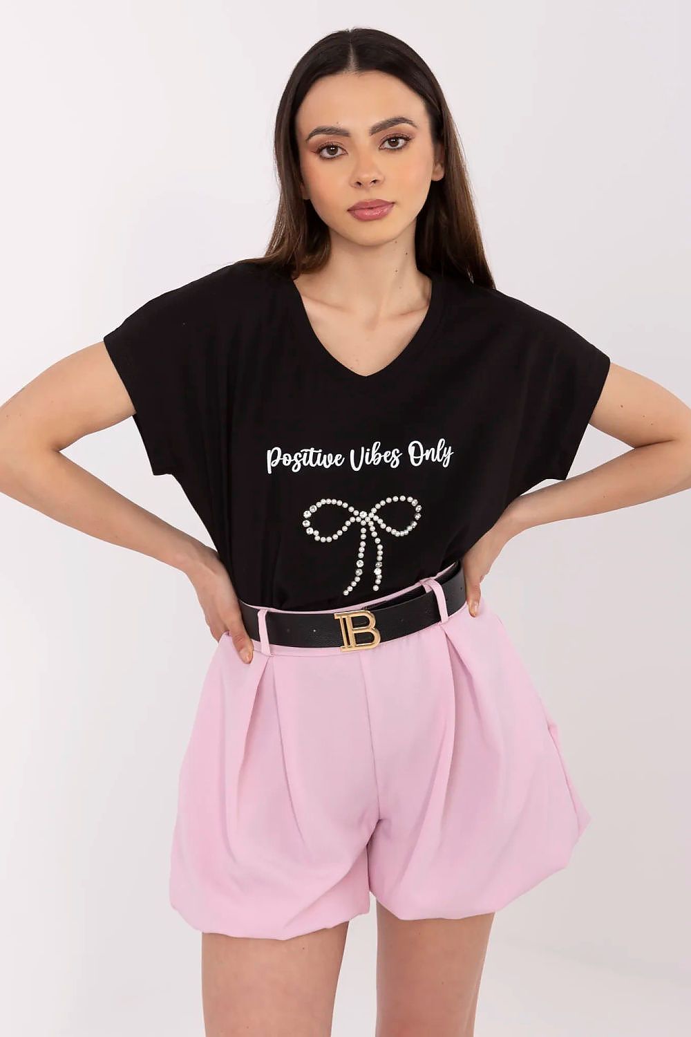 Black women's V-neck T-shirt with rhinestone bow detail
