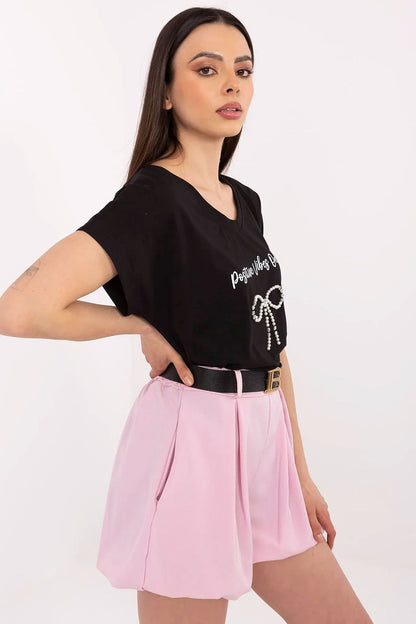 Black women's V-neck T-shirt with small rhinestone bow badge