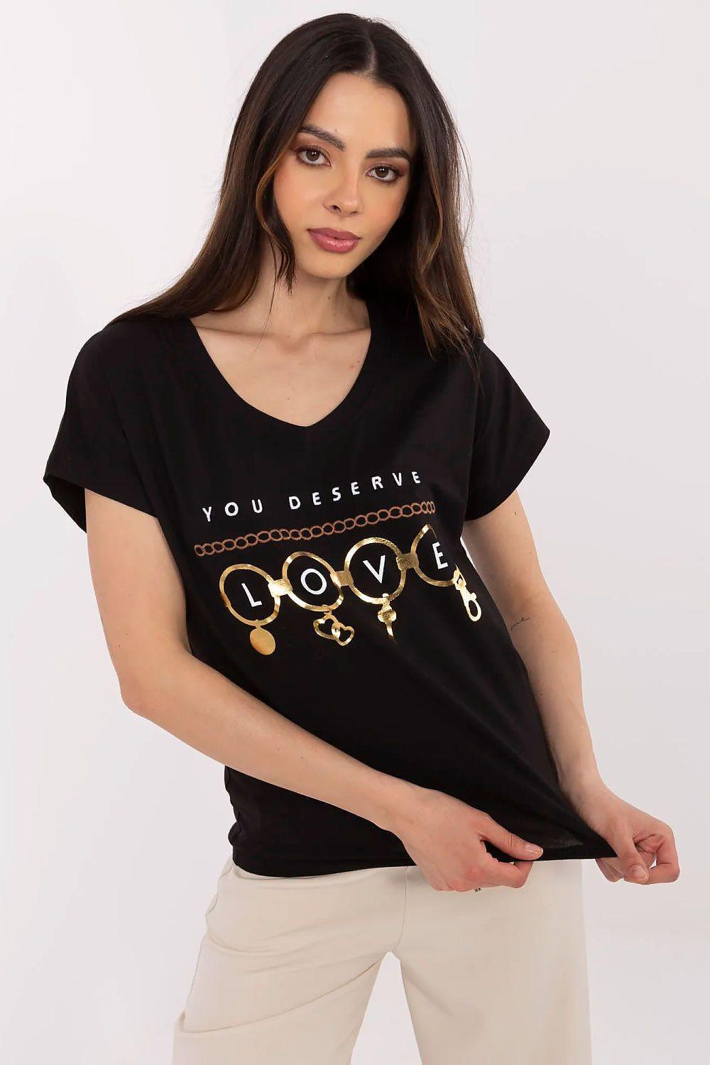 Black V-neck T-shirt with short sleeves and LOVE graphic with gold accents