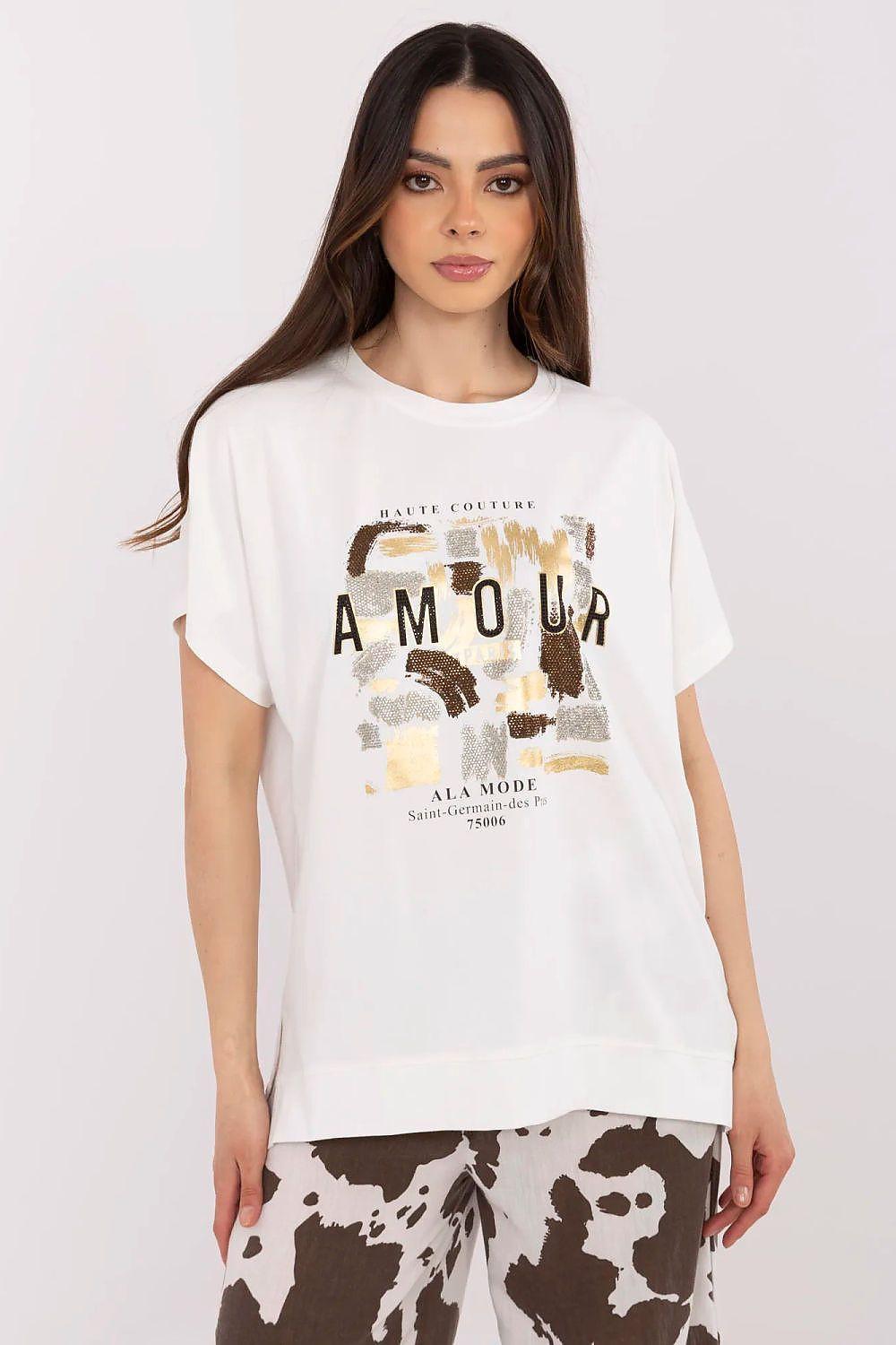 White short-sleeve blouse with Amour graphic print at front