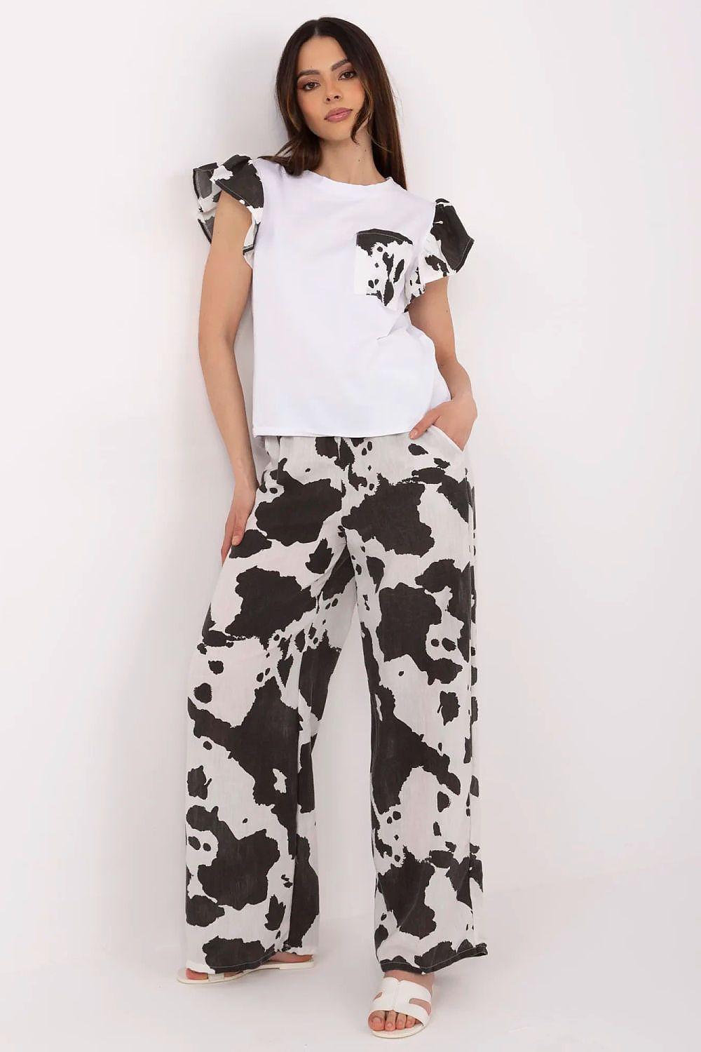Women’s ruffled animal print set: short-sleeve top and wide-leg pants, black-and-white