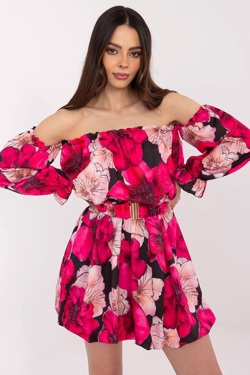 Floral off-shoulder mini daydress, hot pink/black/white with puff sleeves