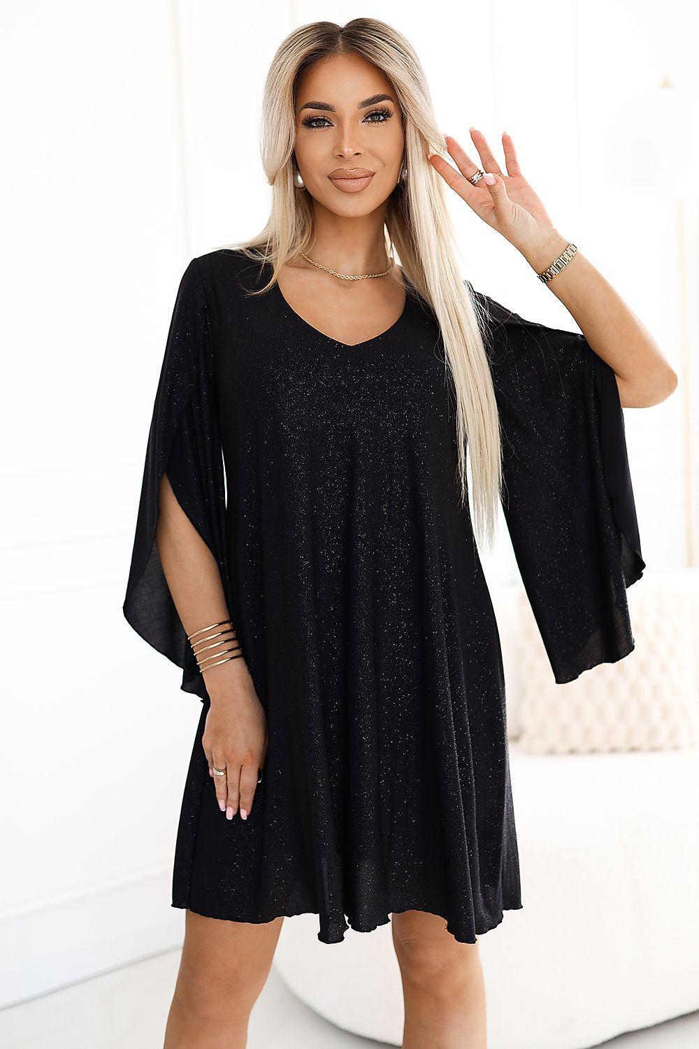 Black V-neck evening dress with draped cape sleeves and short flared skirt