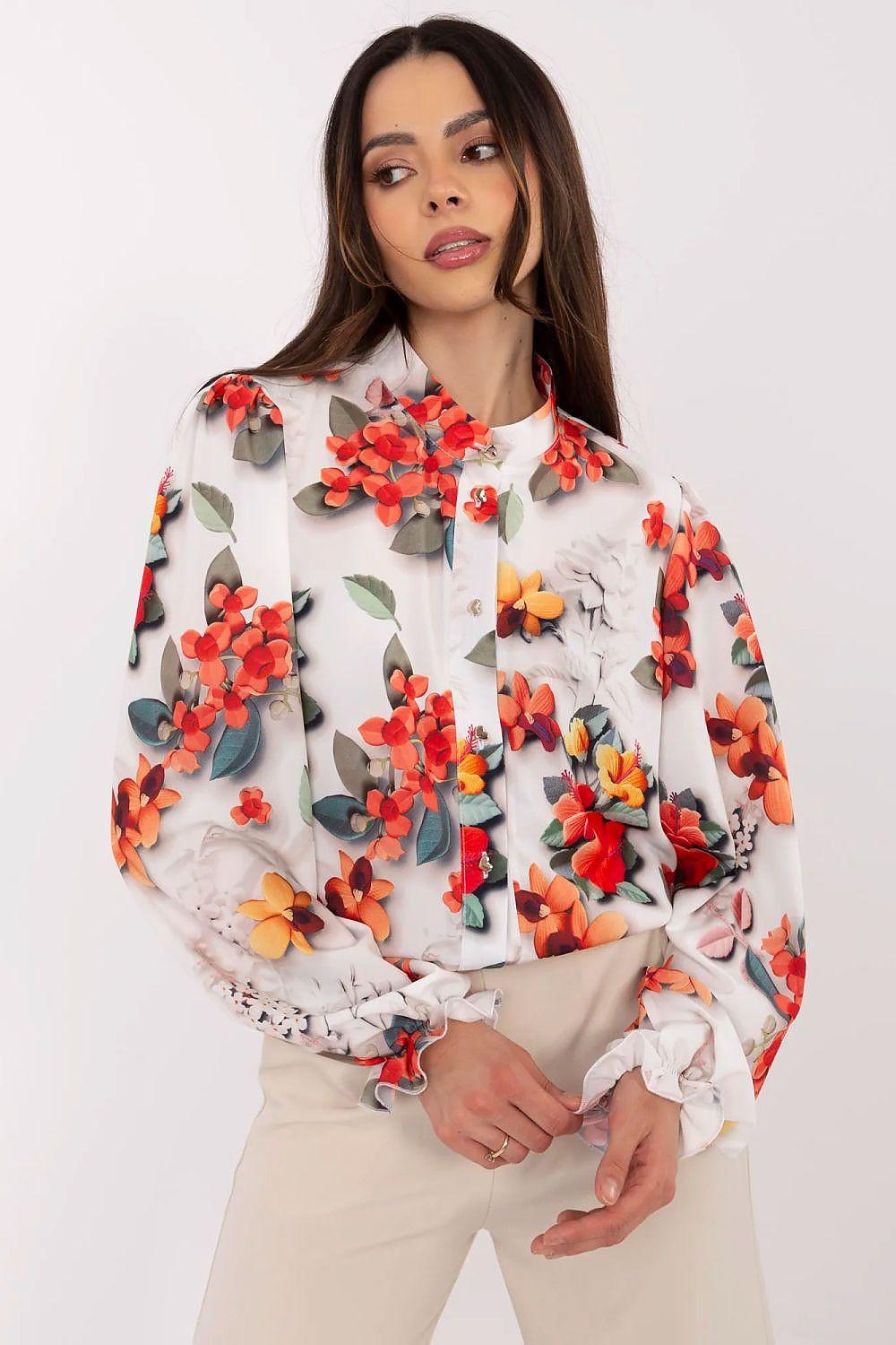 Floral long-sleeve shirt in white with colorful 3D-style puff sleeves, button front