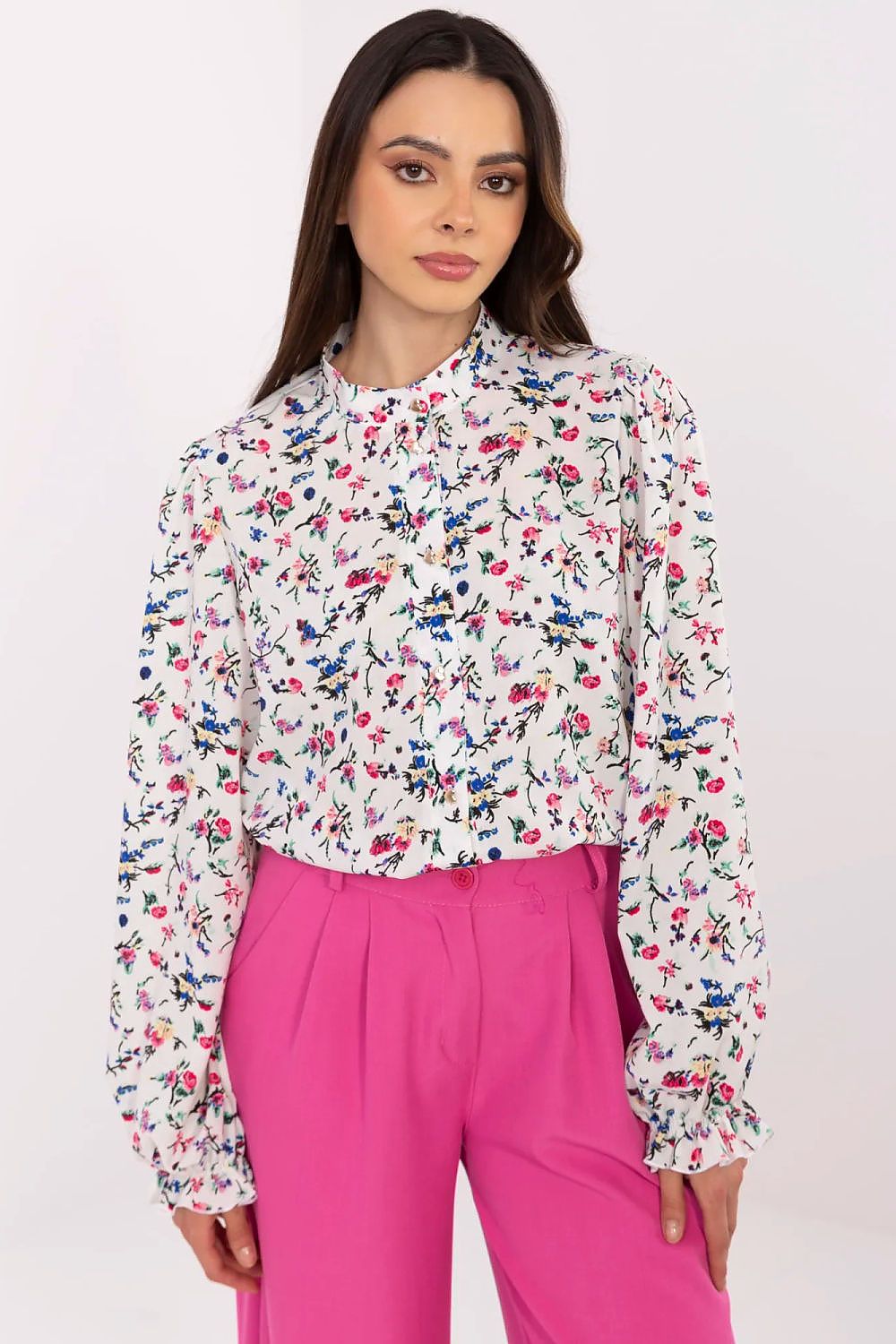 White floral long-sleeve shirt with puff sleeves and buttoned collar