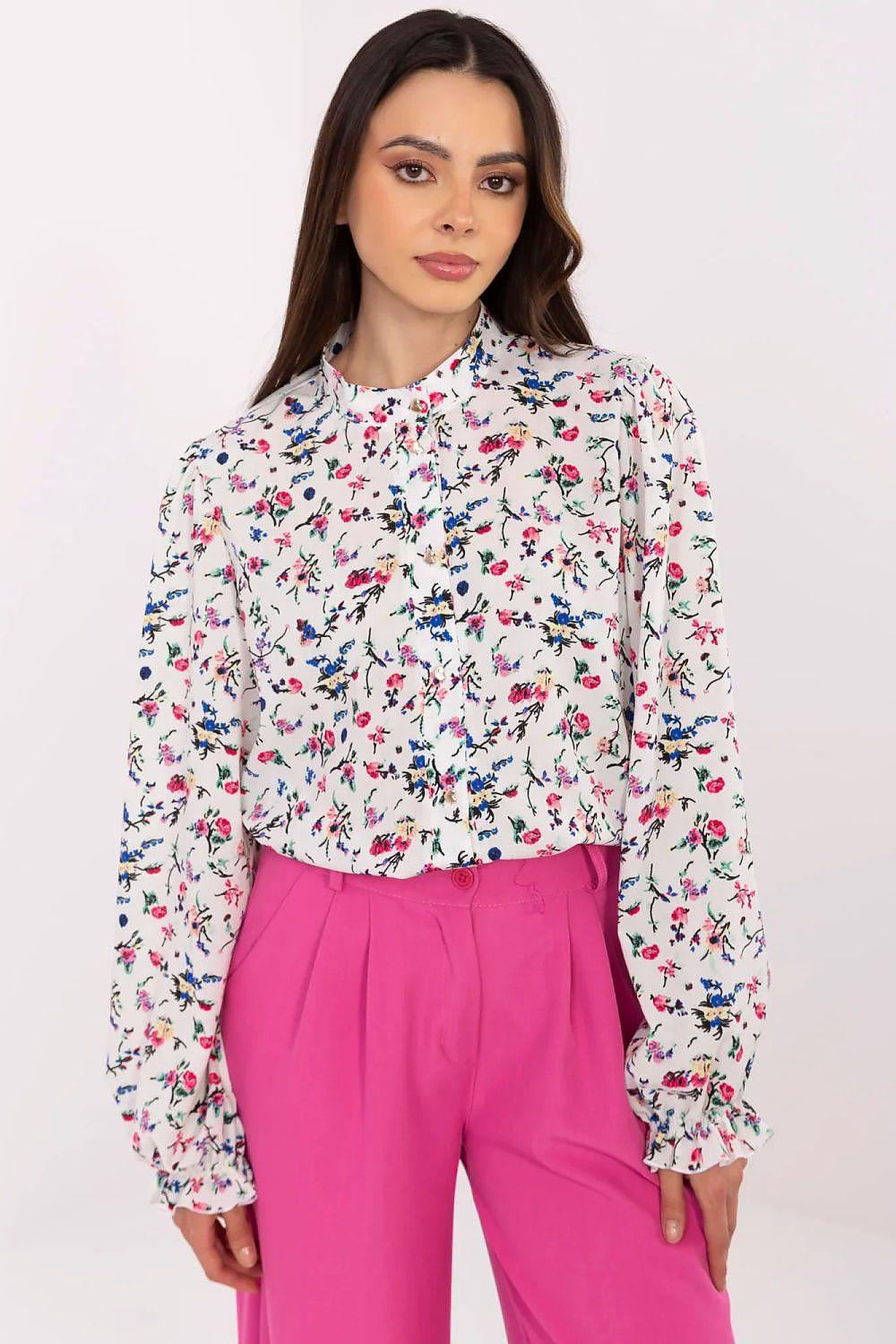 Long sleeve floral shirt in white with multicolor mini print and high neckline