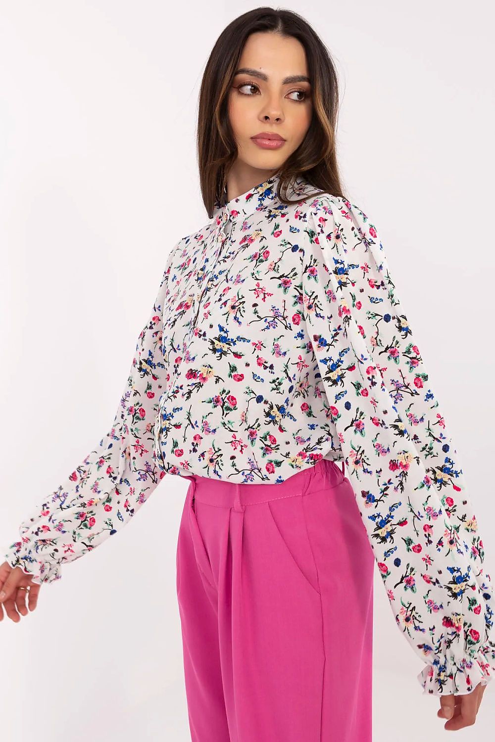 White floral long-sleeve shirt with puff sleeves and buttoned collar