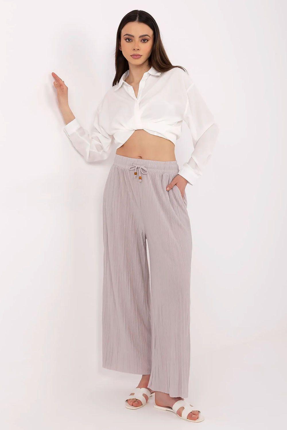 Women’s trousers, light gray wide-leg with elastic waist and drawstring tie