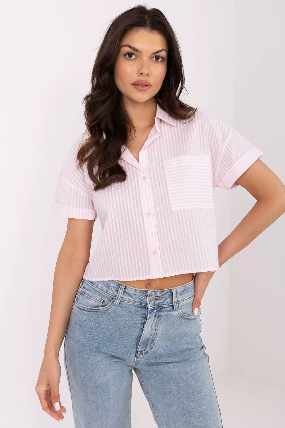 Pink striped short-sleeve button-up shirt with collar and chest pocket