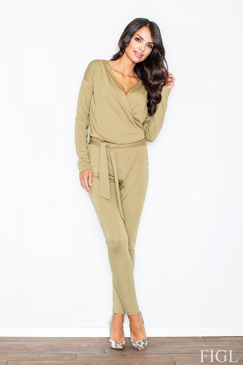 Belted long-sleeve jumpsuit, olive green V-neck with waist tie