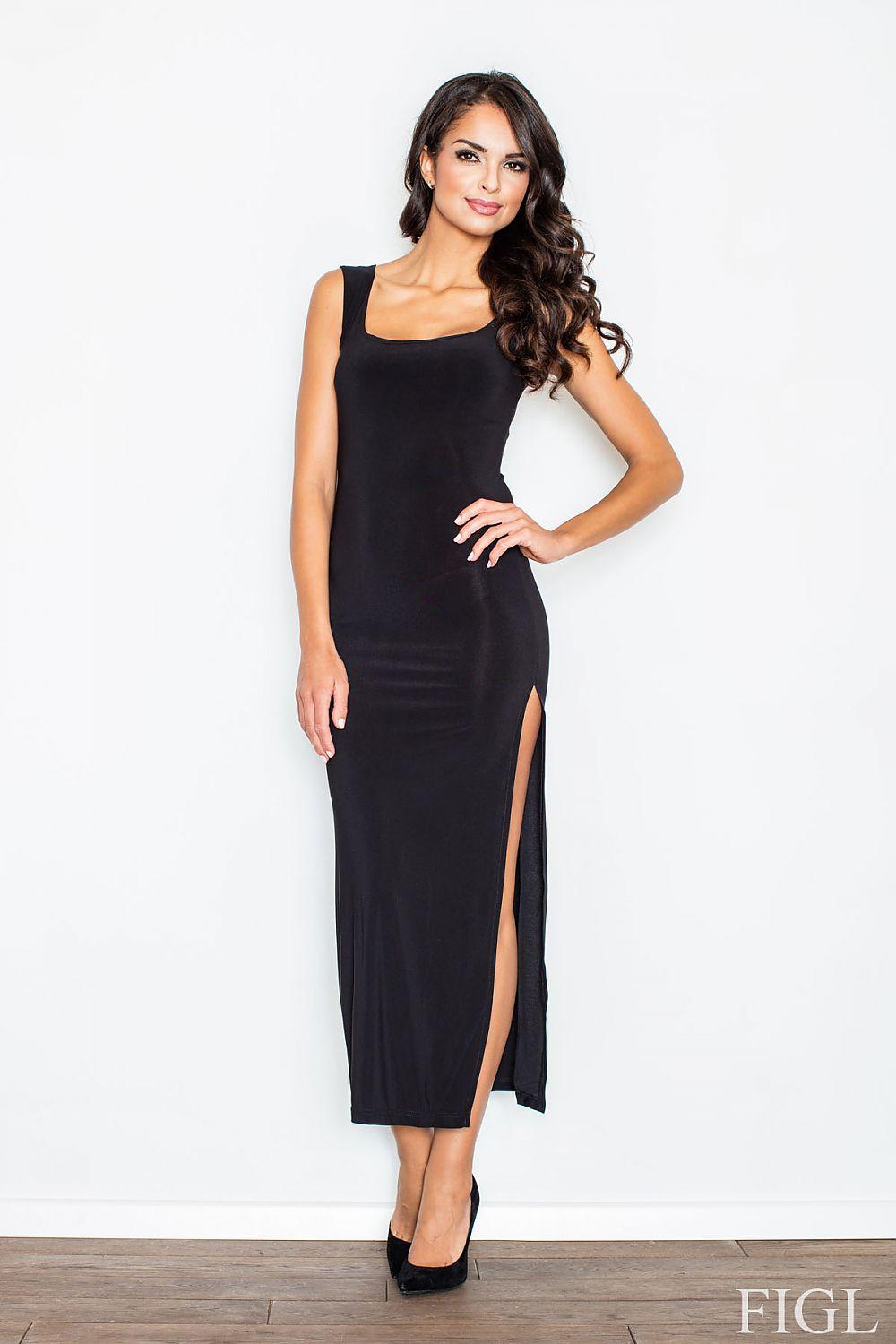 Black sleeveless evening dress with square neckline and front slit