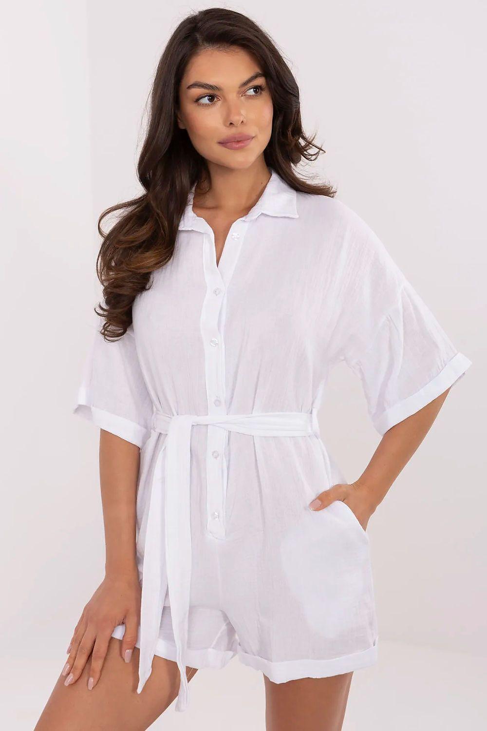 White belted short-sleeve button-up romper with stand collar and elastic waist