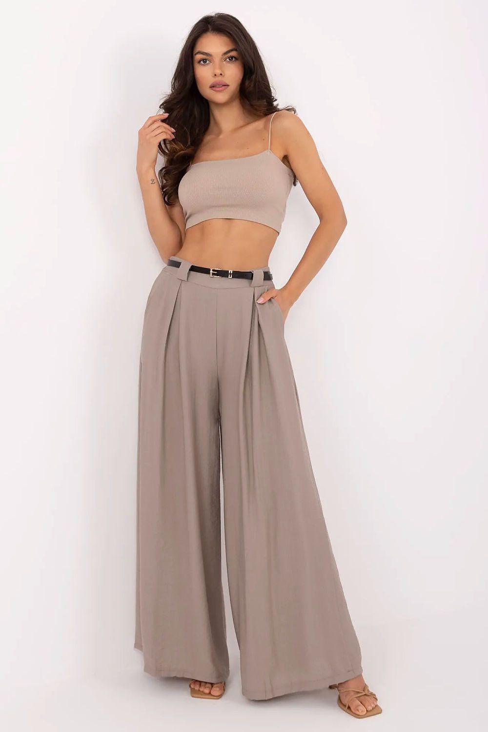 Women’s wide-leg trousers in taupe, high waist with belt detail and pleats