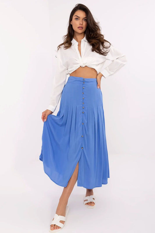 Blue pleated midi skirt with front buttons and gathered waist