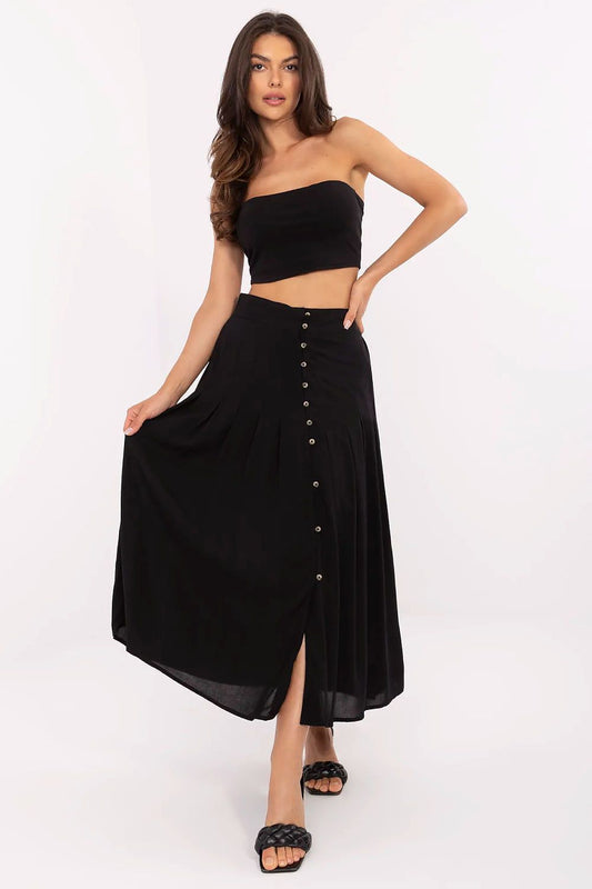 Black pleated midi skirt with front button placket and side slit