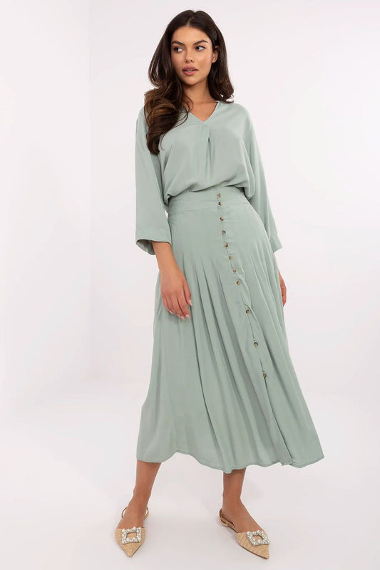 Pleated sage green midi skirt with button-front detail
