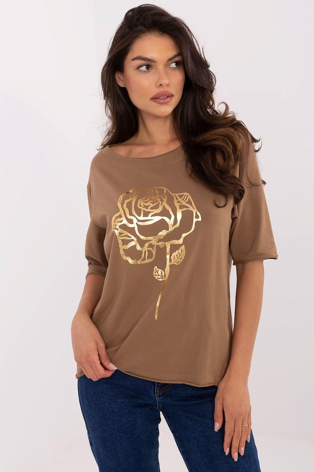 Brown cotton blouse with gold rose line art on front, wide neckline, short sleeves