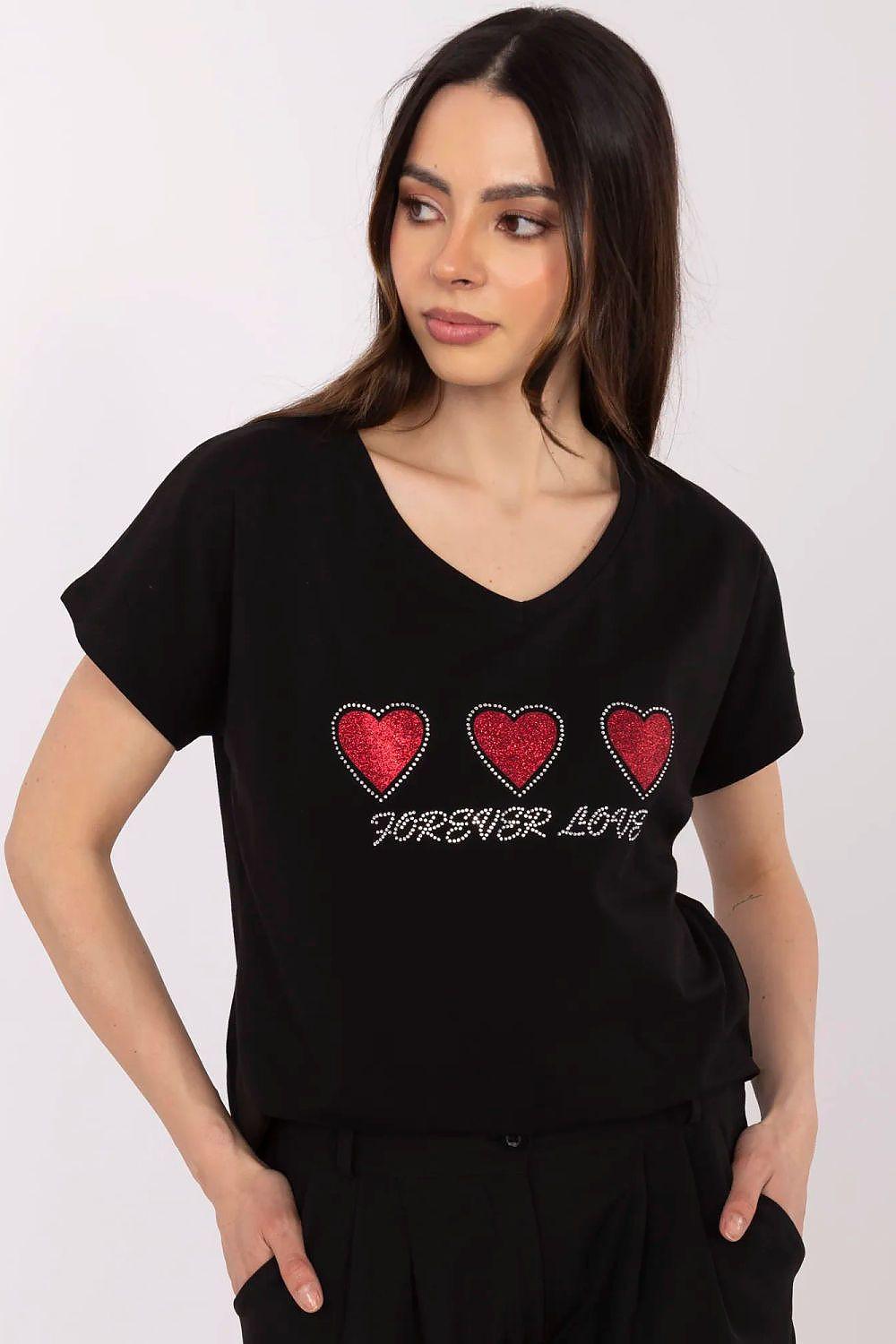 Black V-neck T-shirt with red heart graphic and script across the chest