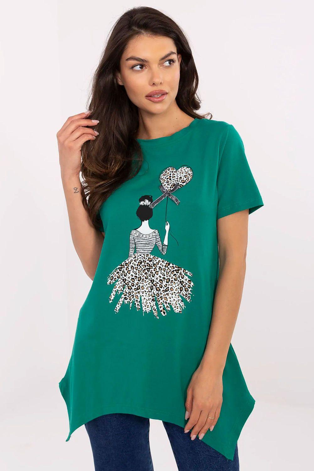 Green blouse with animal-print tree graphic and short sleeves