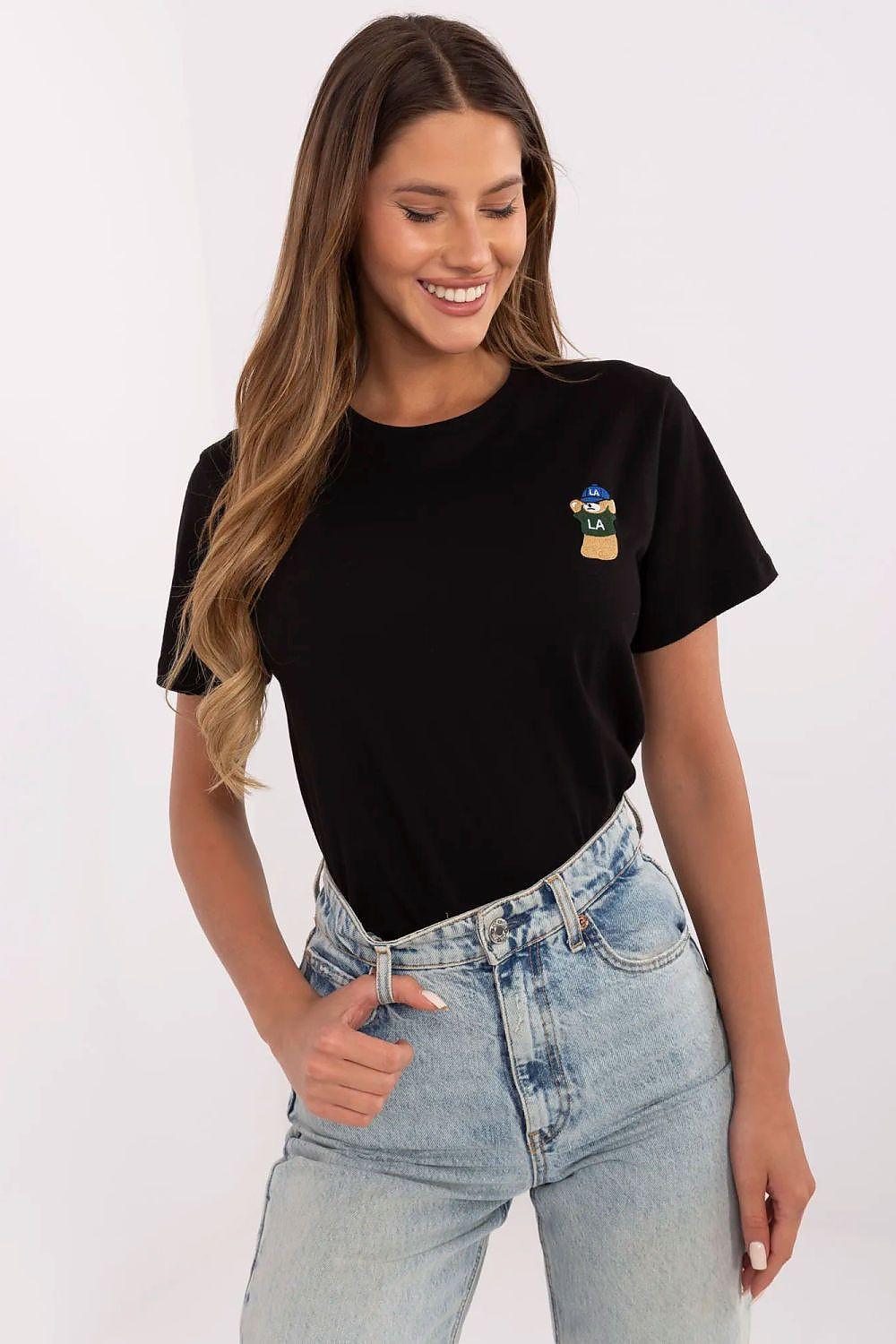 Black women's T-shirt with teddy bear embroidery on left chest