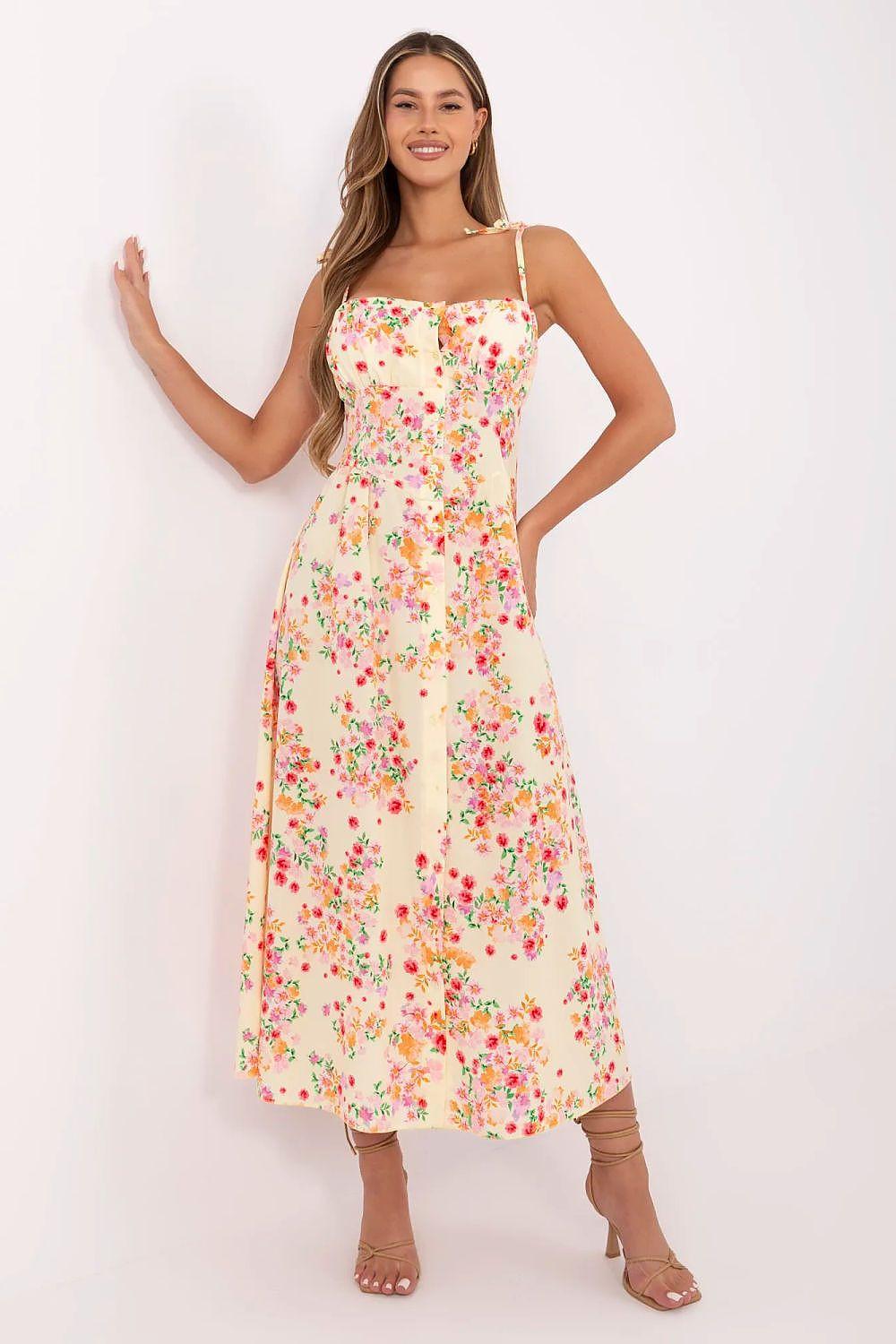 Floral daydress in light base with multicolor flowers, adjustable straps, gathered waist