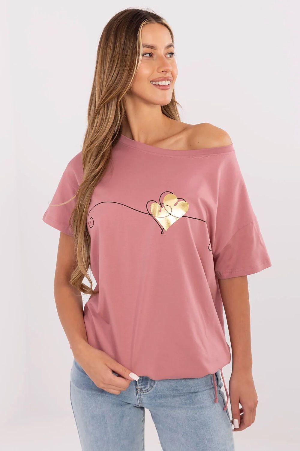 Pink T-shirt with gold heart graphic and relaxed neckline