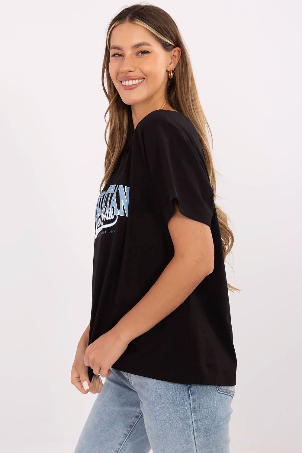 Black short-sleeve T-shirt, crew neck, side view; Manhattan New York logo