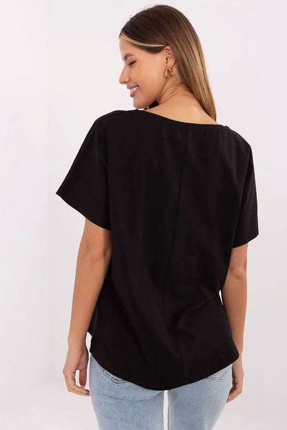 Black short-sleeve T-shirt, crew neck, plain back