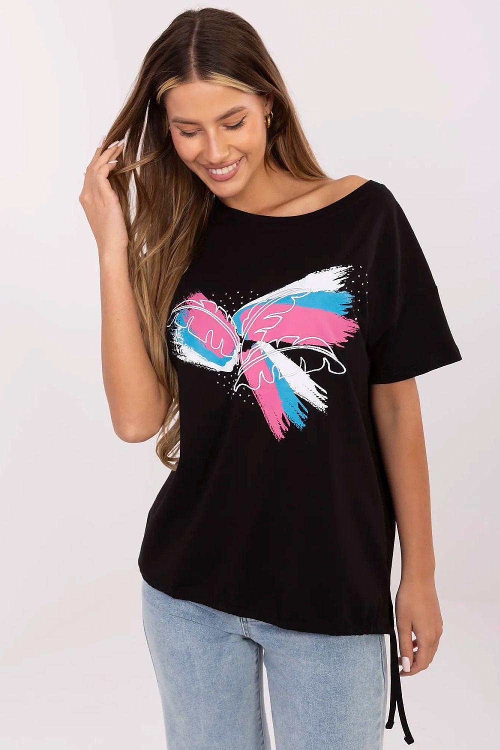 Black short-sleeve T-shirt with colorful feather graphic on chest