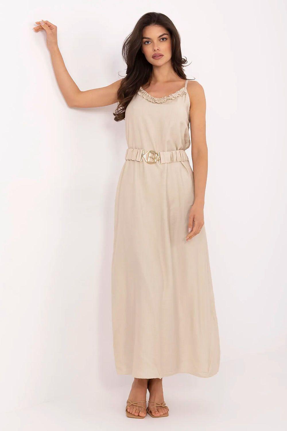 Beige maxi daydress with lace-trim V-neck and gathered tie-belt waist