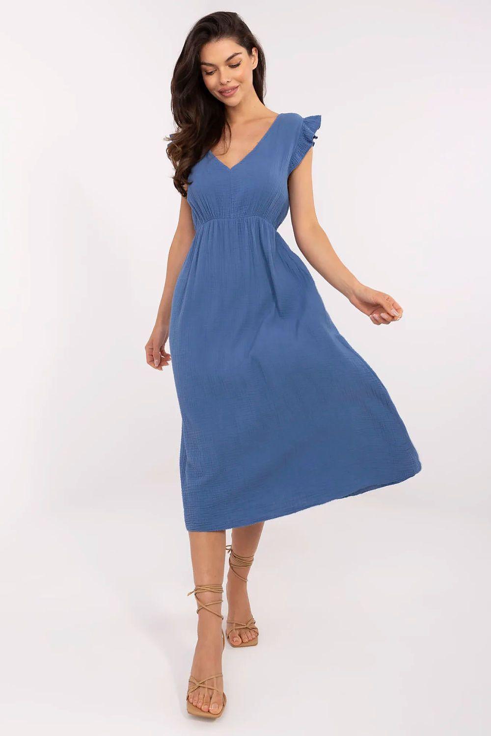 Blue cotton daydress V-neck cap sleeves gathered waist flared midi skirt