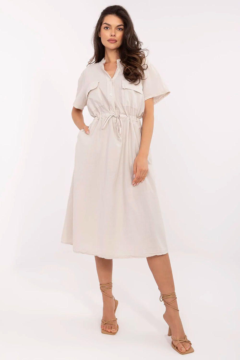 Beige short-sleeve daydress with gathered drawstring waist and front neckline